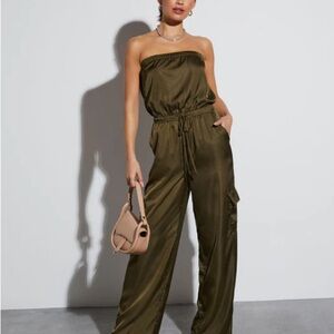 Vici Parisa Strapless Satin Tie Waist Jumpsuit Size Small